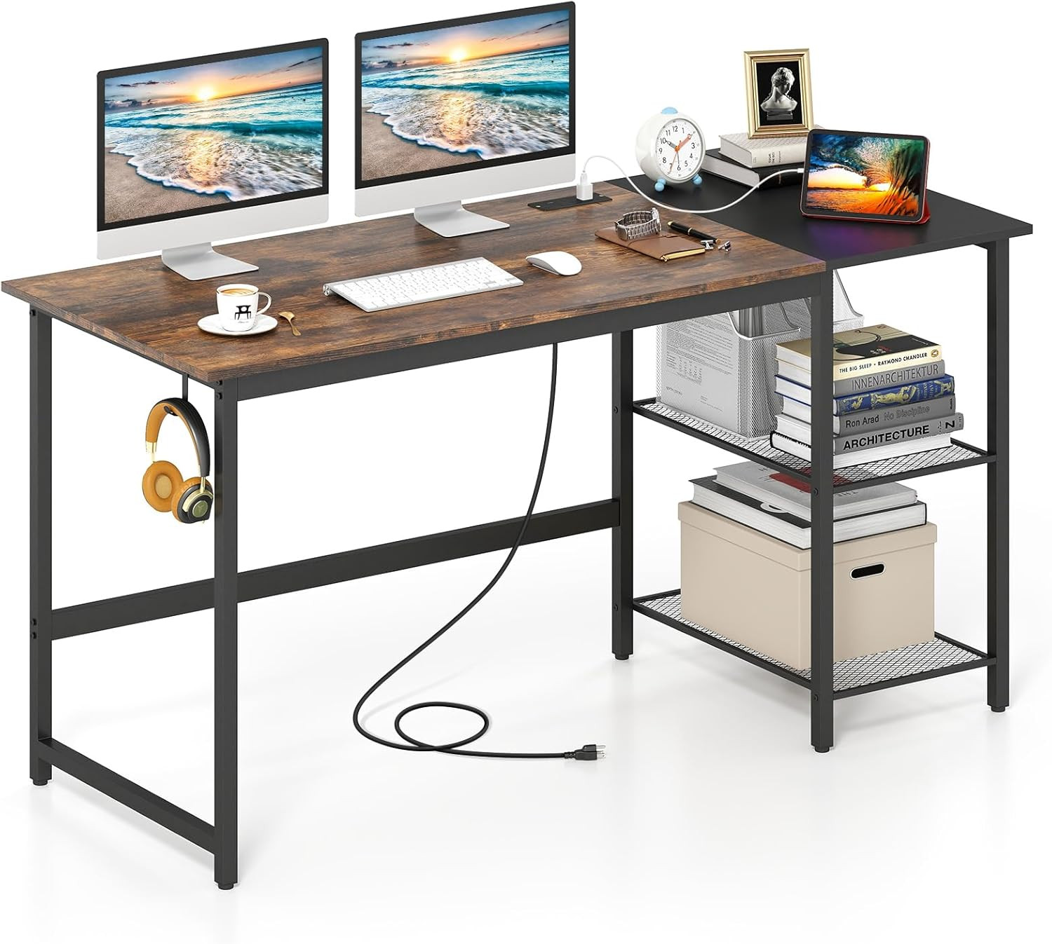 59" Industrial Computer Desk with Charging Station & Storage Shelves