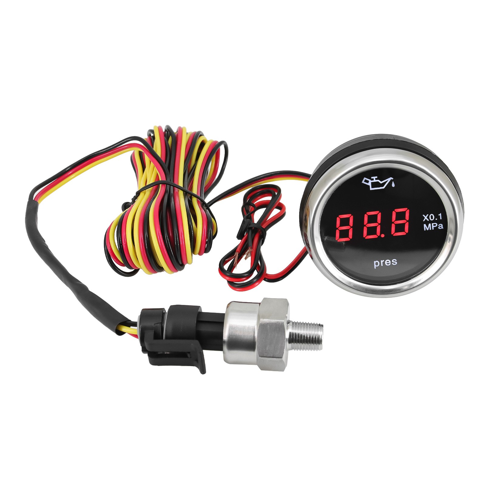 52mm Digital Oil Pressure Gauge 0-1.0MPa Red LED with 1/8NPT Sensor Alarm 12/24V