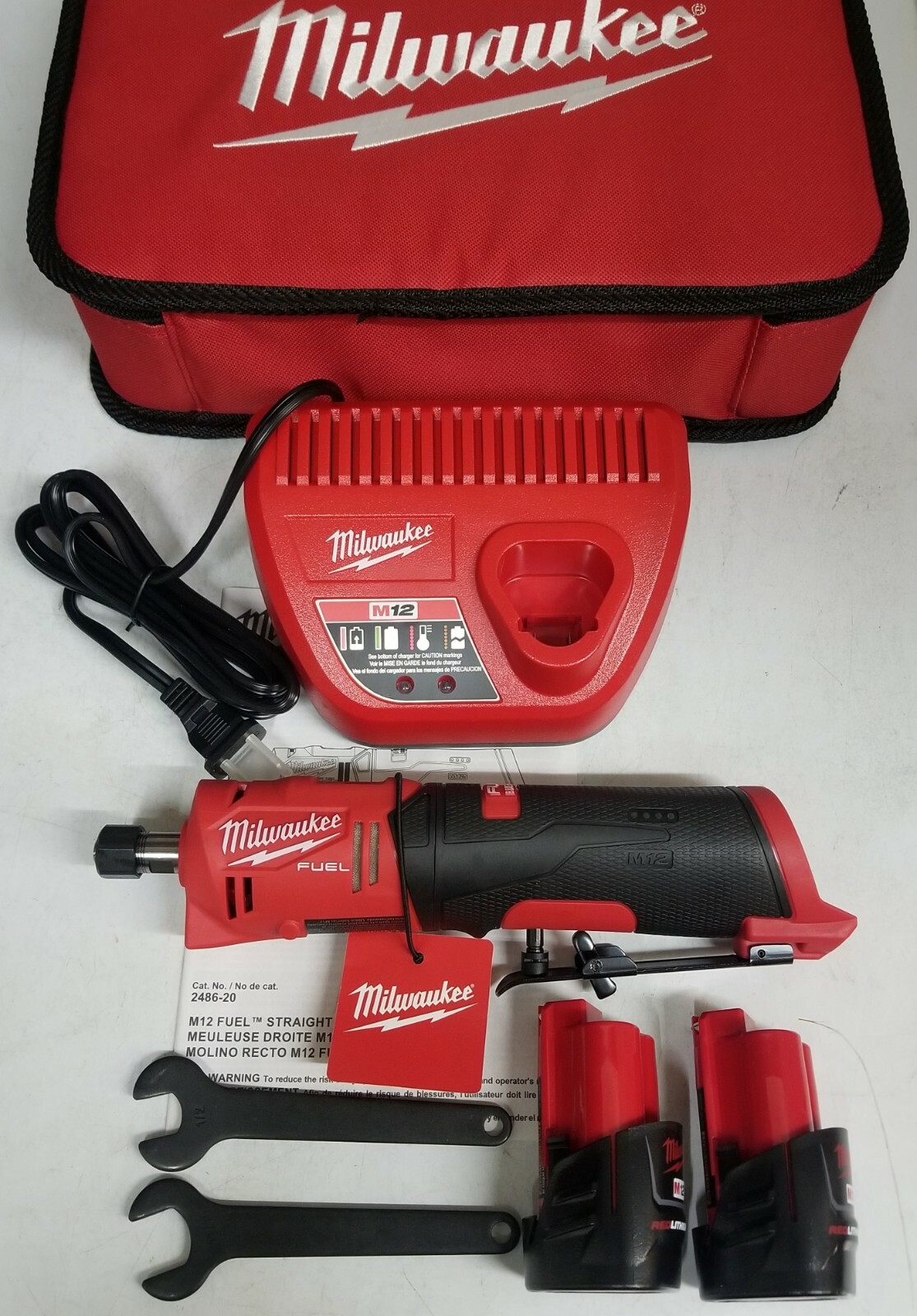 New Milwaukee M12 FUEL 1/4" Straight 3-speed Die Grinder 2) Battery Kit #2486-22