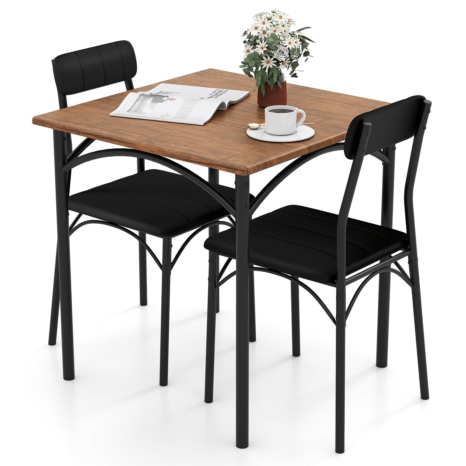 3-Piece Dining Table Set, Square Kitchen Table with 2 Upholstered Armless Cha...