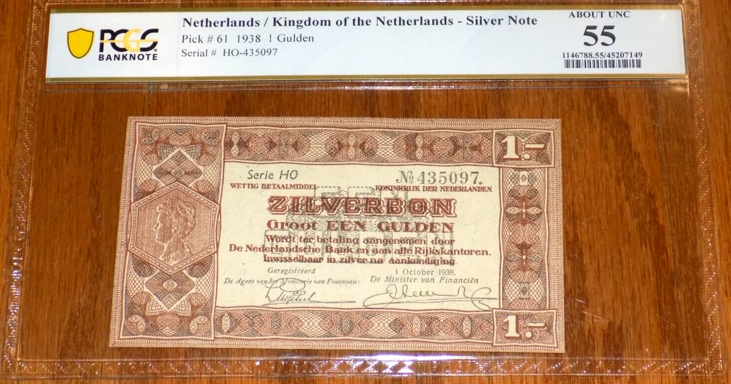 Netherlands 1 Gulden 1938 Zilverbon P-61 PCGS 55 Dutch About UNC Silver Note