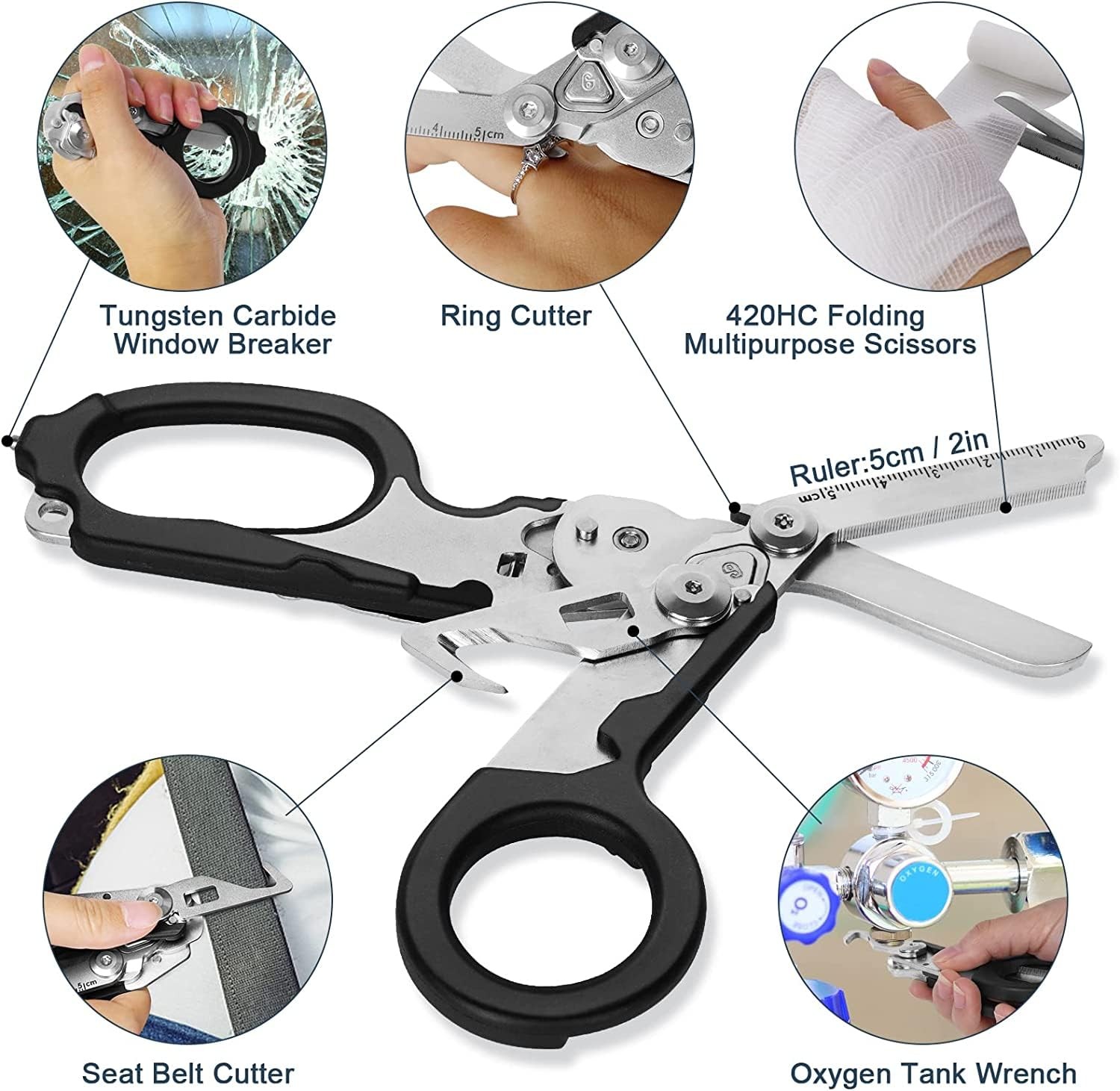 6-in-1 Multifunctional Trauma Shears Foldable with Black Holster, Extreme Env...