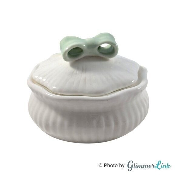Delicate Green Bow Lidded Round Fine Bone China Trinket Box