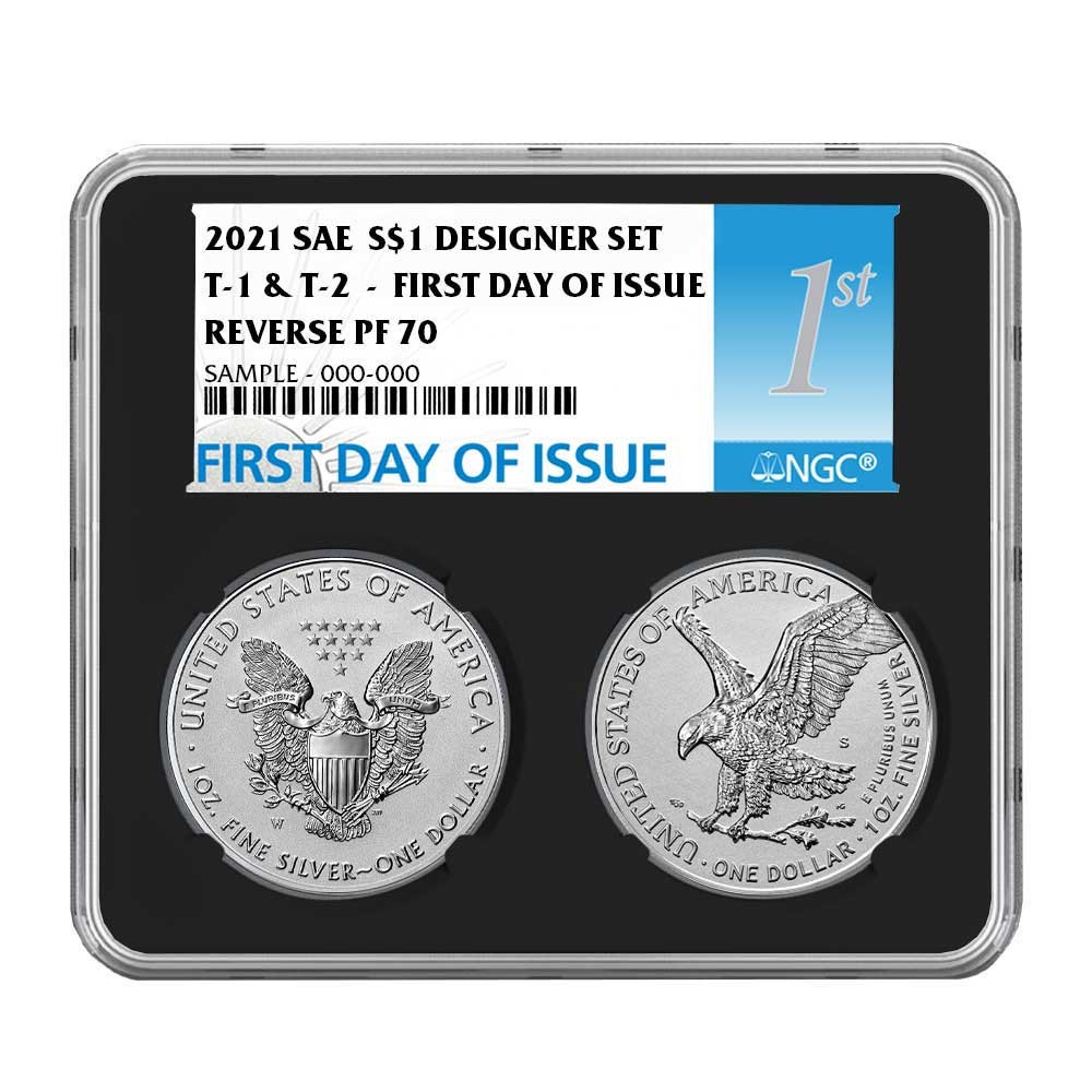 2pc Set - 2021 $1 1-oz Reverse Proof American Silver Eagle Designer NGC PF70