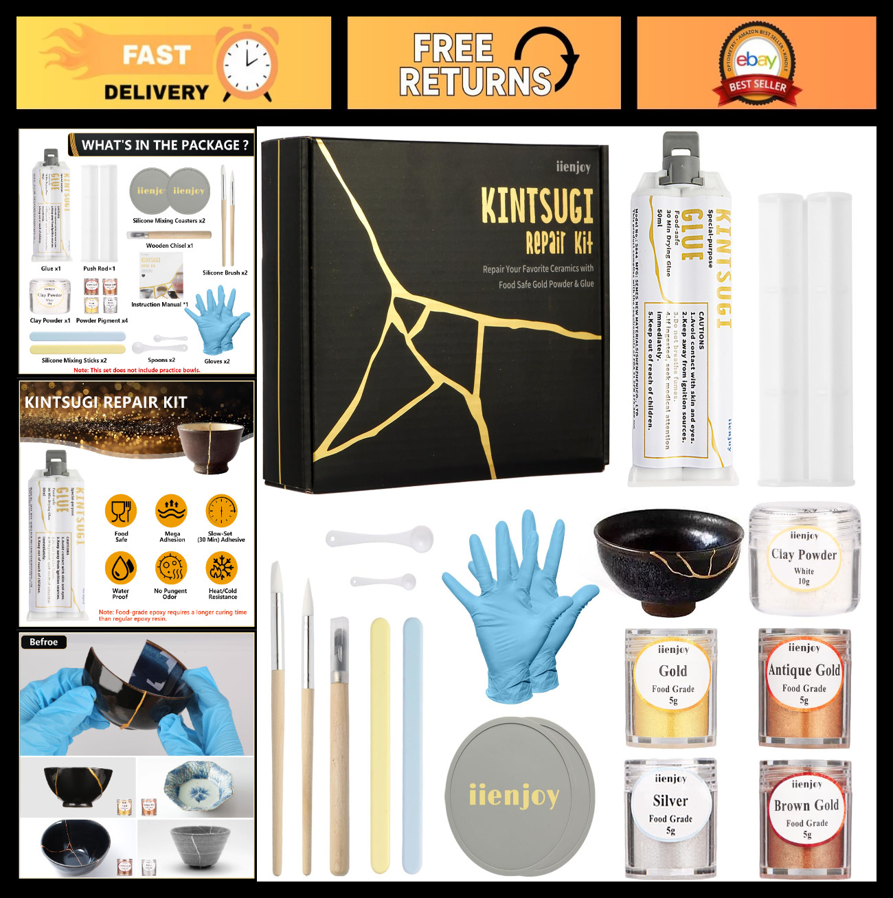 Kintsugi Repair Kit - 4 Colors, Food Safe Glue & Edible Mica Powder for Ceramics