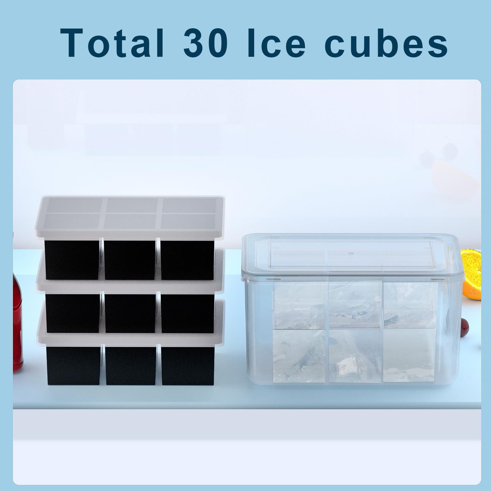 Samuelworld Large Ice Cube Tray with Lid and 6 Cube*3(With Bin), Black