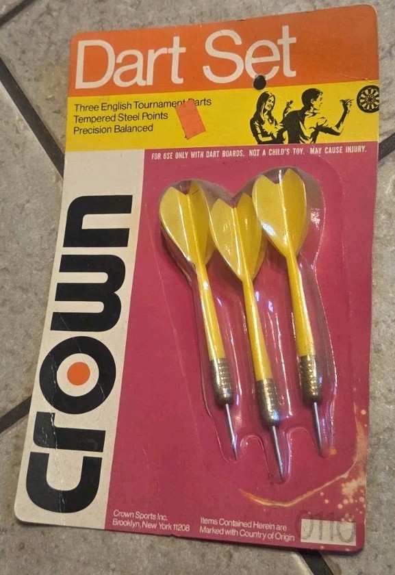 1970s NOS Vintage Crown 3 English Tournament Darts Wood Dart Set Tempered Steel