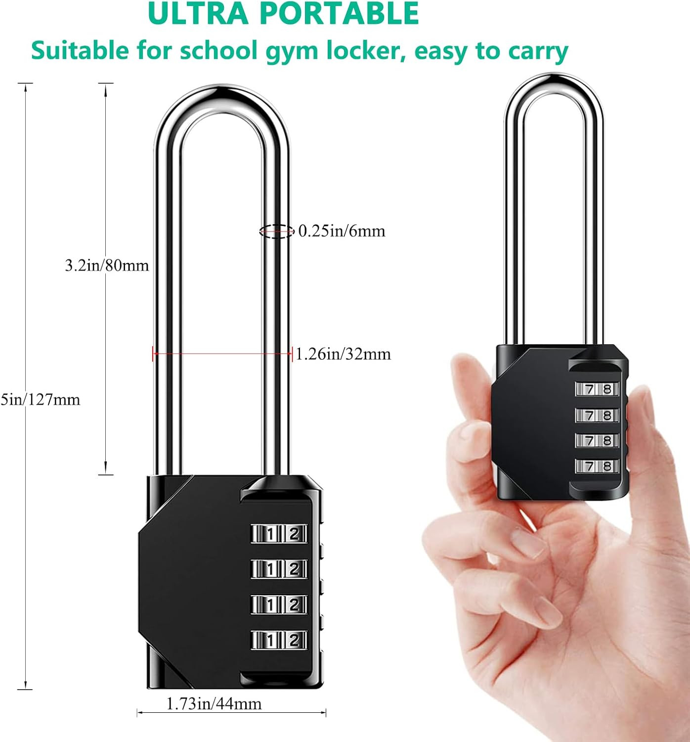 3.2 Inch Ultra Long Shackle Resettable Combination Padlock, 4 Digit Set Your Own