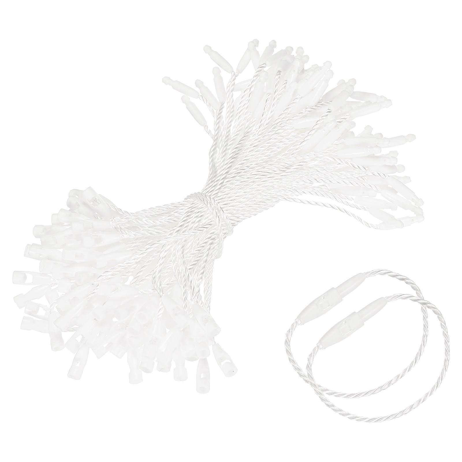100 Pcs Polyester Hang Tag String 4" Snap Lock Pins Loop Fastener, White