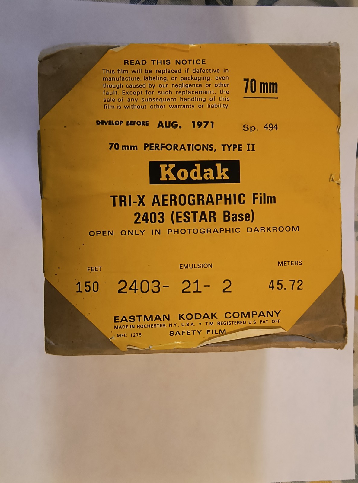 RARE [NEW OLD STOCK ] KODAK TRI- X 2403 AEROGRAPHIC FILM , [70mm x 150 ft] B & W