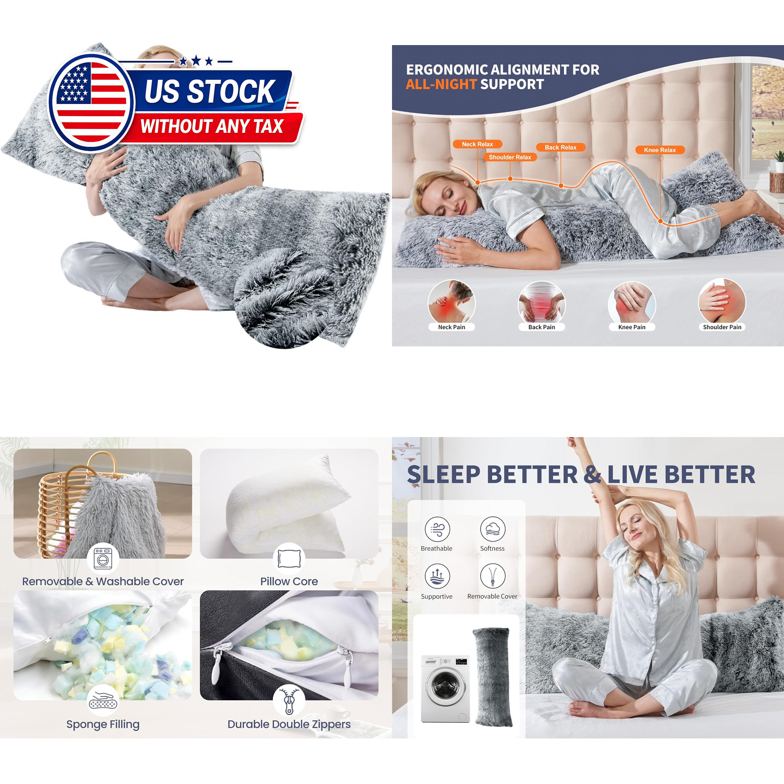 Full Body Pillow with Memory Foam, 20x54 Dark Gray, Pregnancy and Side Sleeper
