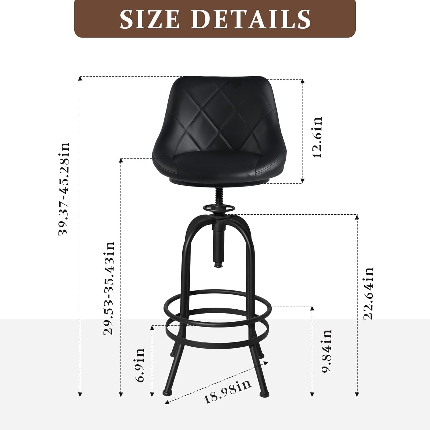 Industrial Bar Stool with Leather Backrest 26-32inch Height Adjustable Rustic
