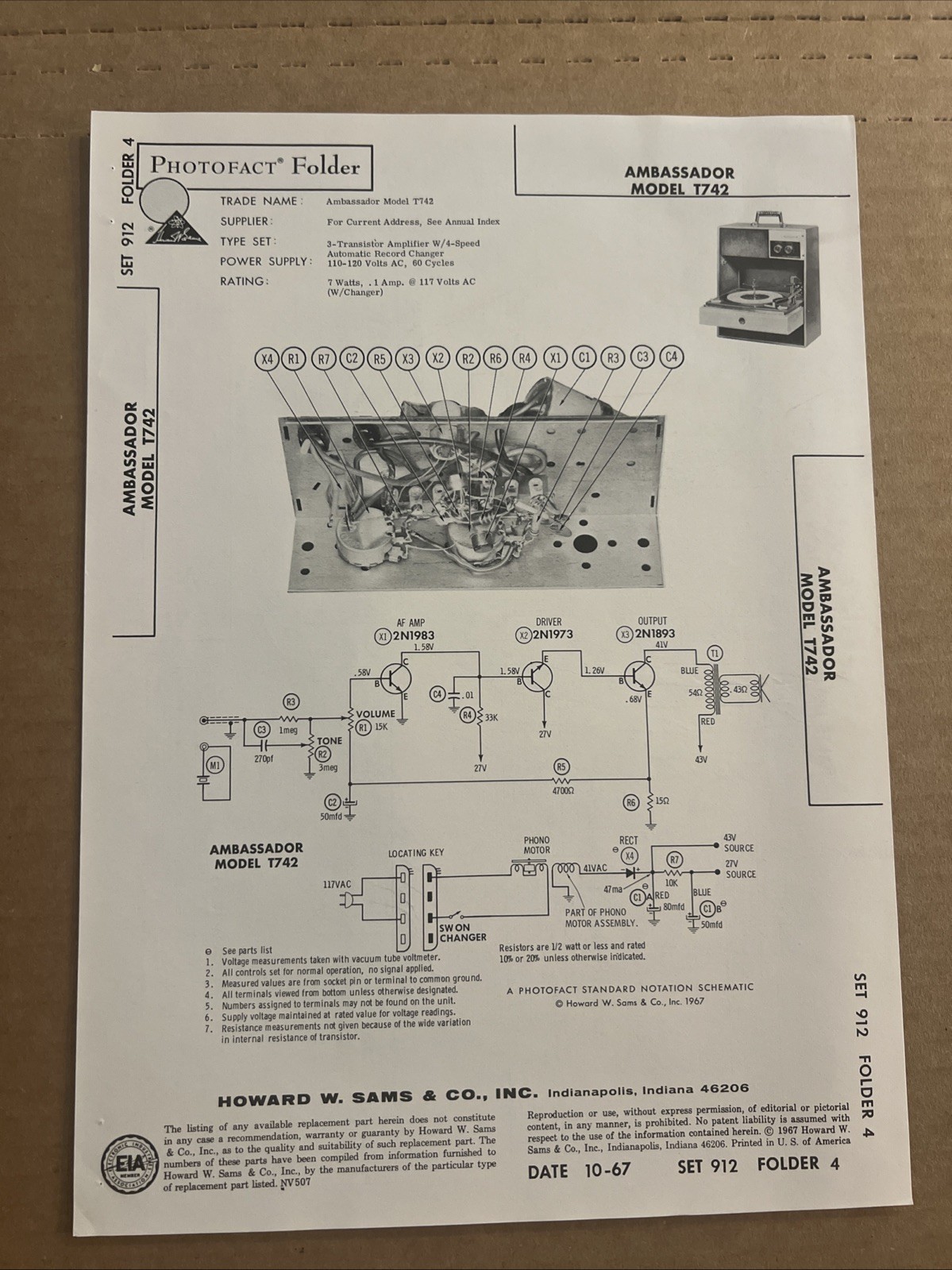 Vintage Sams Photofact Schematic 10-1967 AMBASSADOR MODEL T742