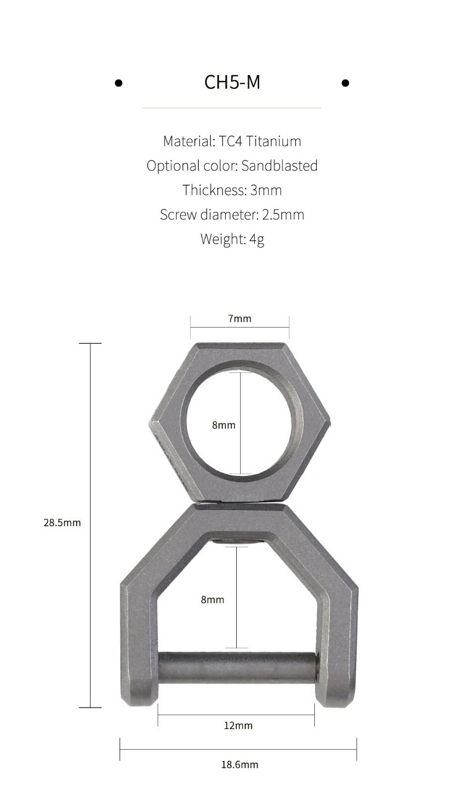 MecArmy CH5-M TC4 Titanium Alloy Mini Tiny Rotatory D Shape Key ring-Sandblasted