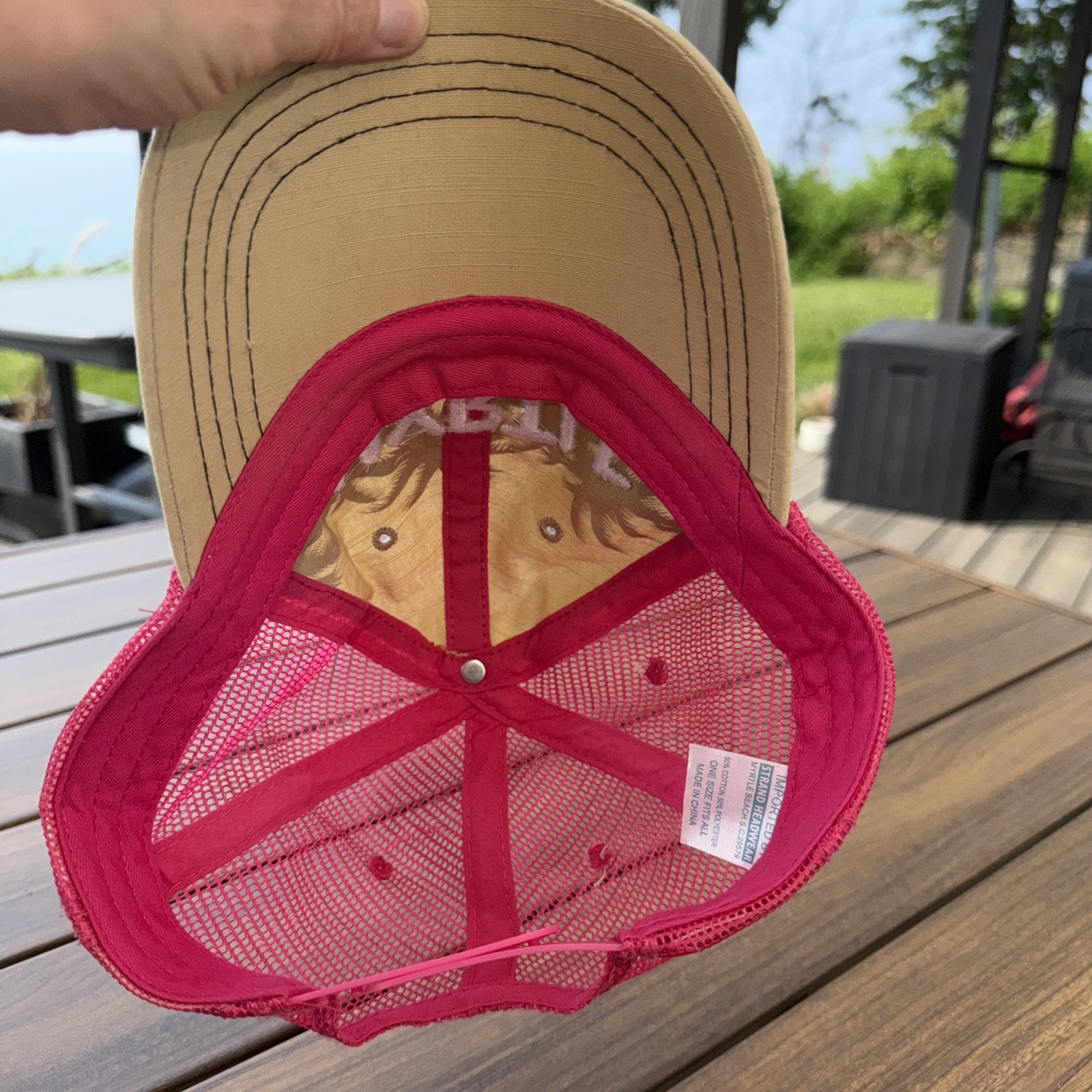 Myrtle Beach in Thick Letters on Tan black Front Hat Cap Pink Mesh Snapback