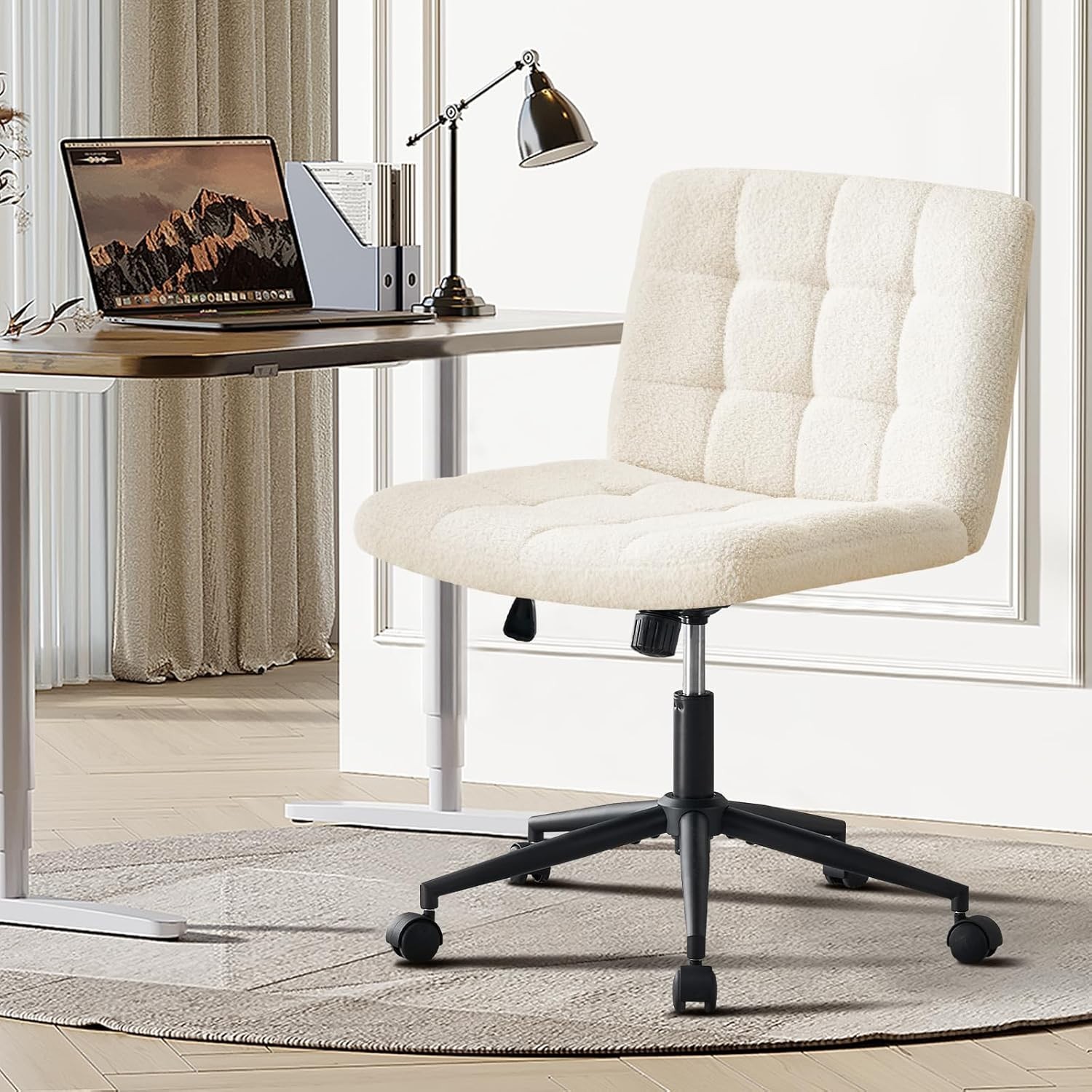 Swivel Criss Cross Legged Chair with Wheels for Home Office, Wide Armless Des...