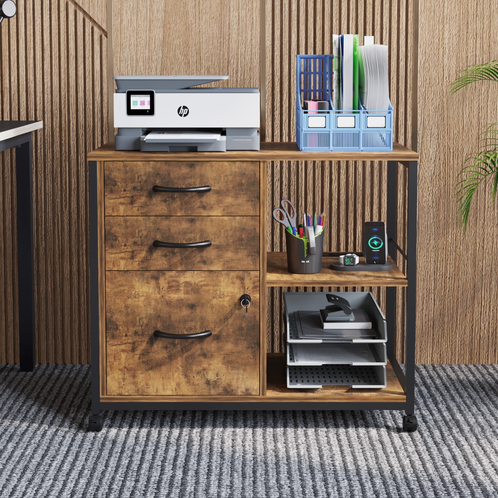 3 Drawer Mobile File Cabinet Rolling Printer Stand with Open Storage Shelf Brown