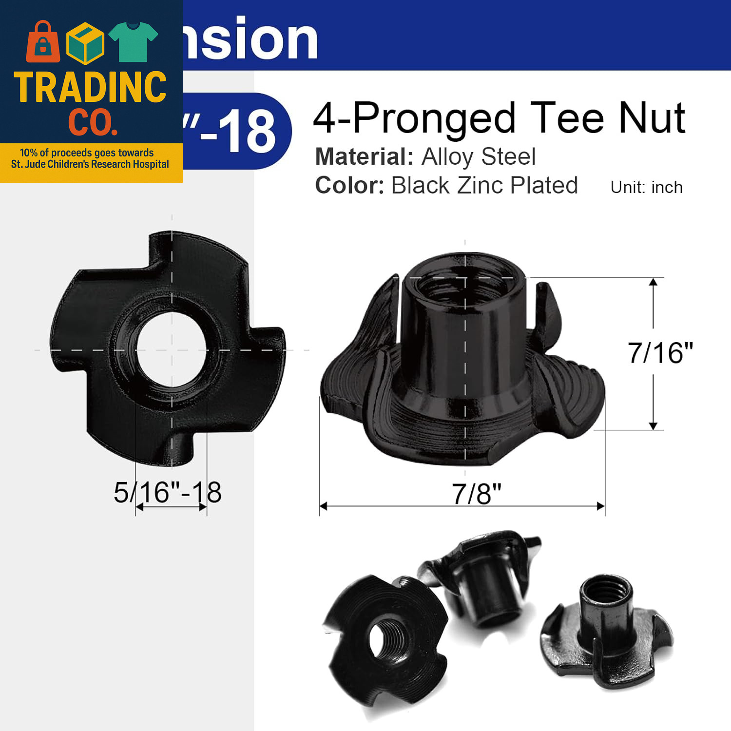 50 Pack 5/16"-18 T Nuts for Wood, Black Carbon Steel 4-Prong Tee Nuts for Furnit