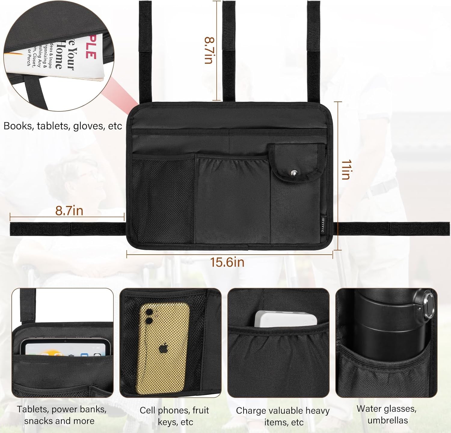 Walker Bag Multiple Pockets Basket for Folding with Cup Black