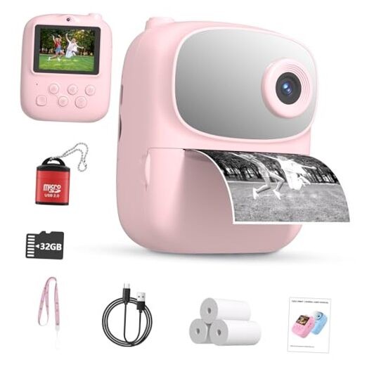 Kids Instant Print Camera 2025, 32GB Memory, Dual Lens with 2.4-Inch Pink