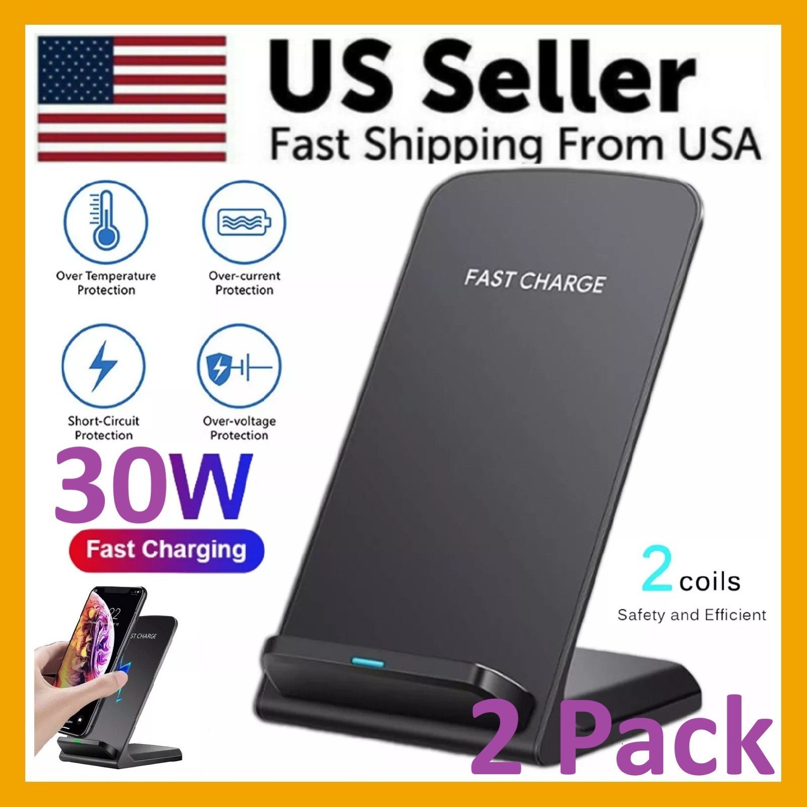 2 Pack Wireless Fast Charger Stand Dock Cradle for Apple iPhone Samsung Galaxy