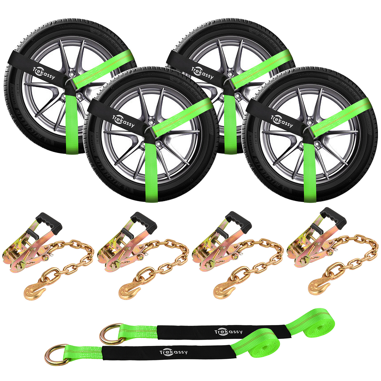 4 Pack Wheel Ratchet Straps Car Tie Down Straps for Trailers with Chain Anchors