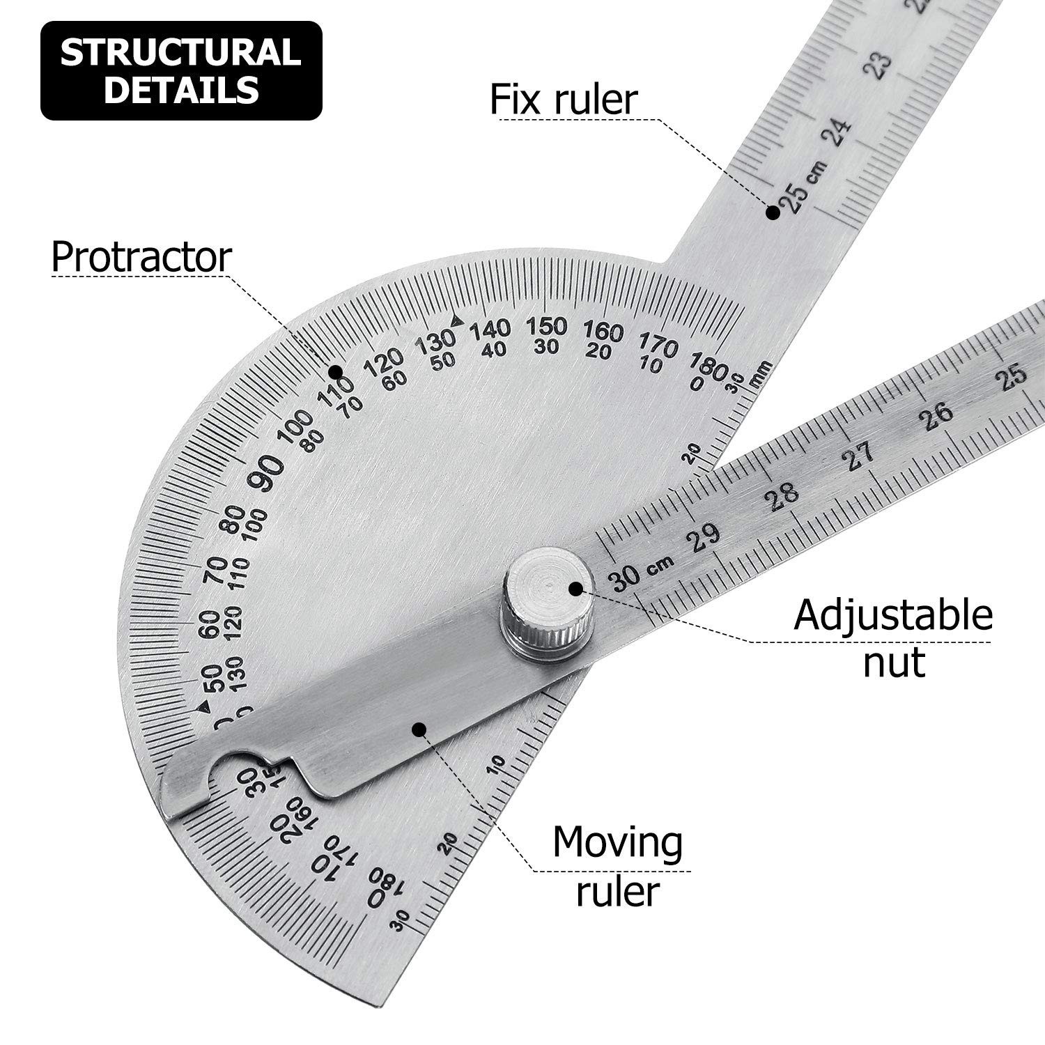 Angle Protractor Ruler Two Arm Stainless Steel Protractor Woodworking Ruler M...