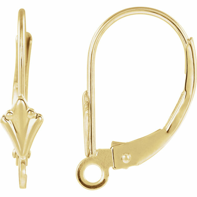 14K Solid Yellow Gold Fleur De Lis Leverback Earrings w/Ring 2pcs Levers Design