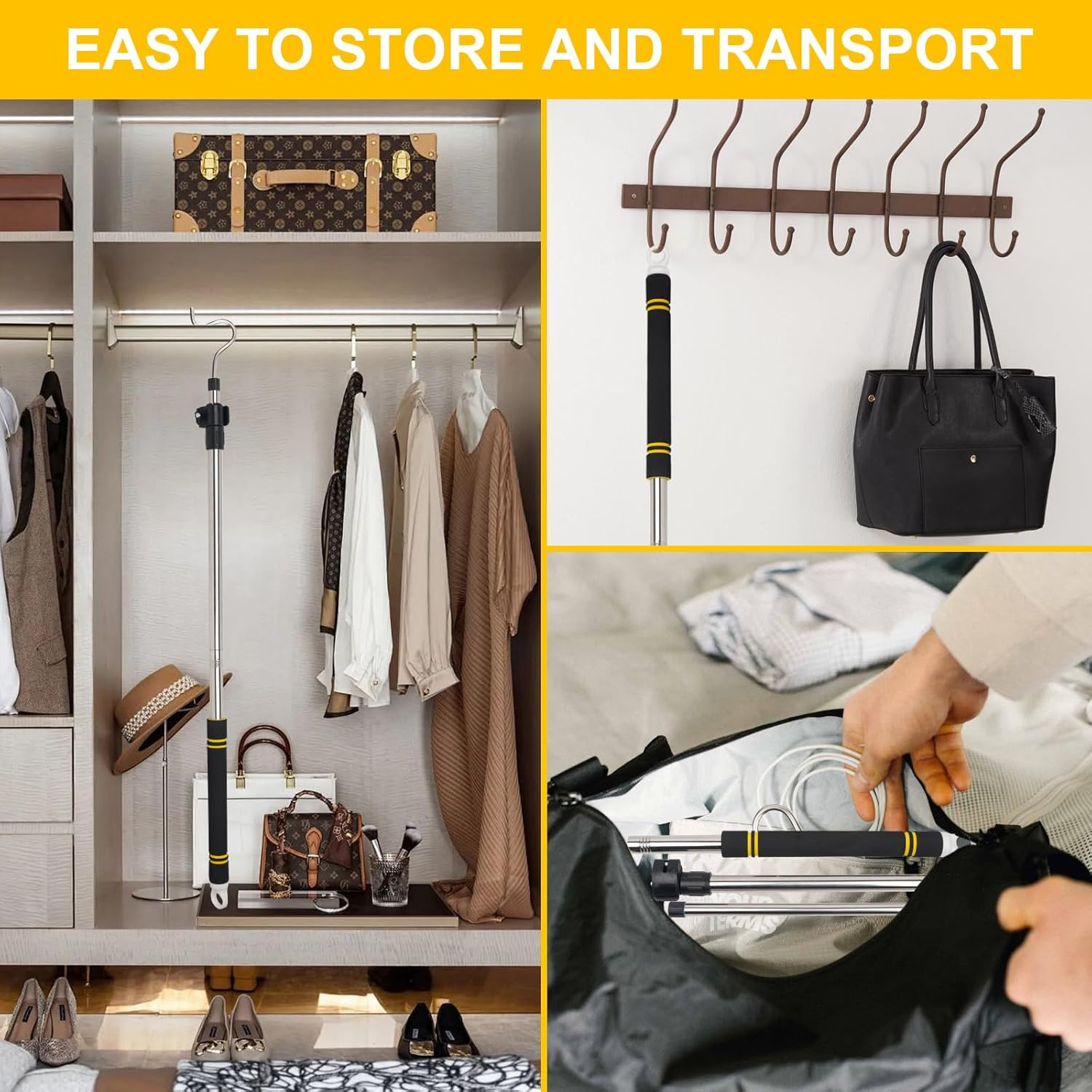 Clothes Hook Pole, High Reach Garment Hook 38“ - 63” Telescoping Pole with 3 Hoo