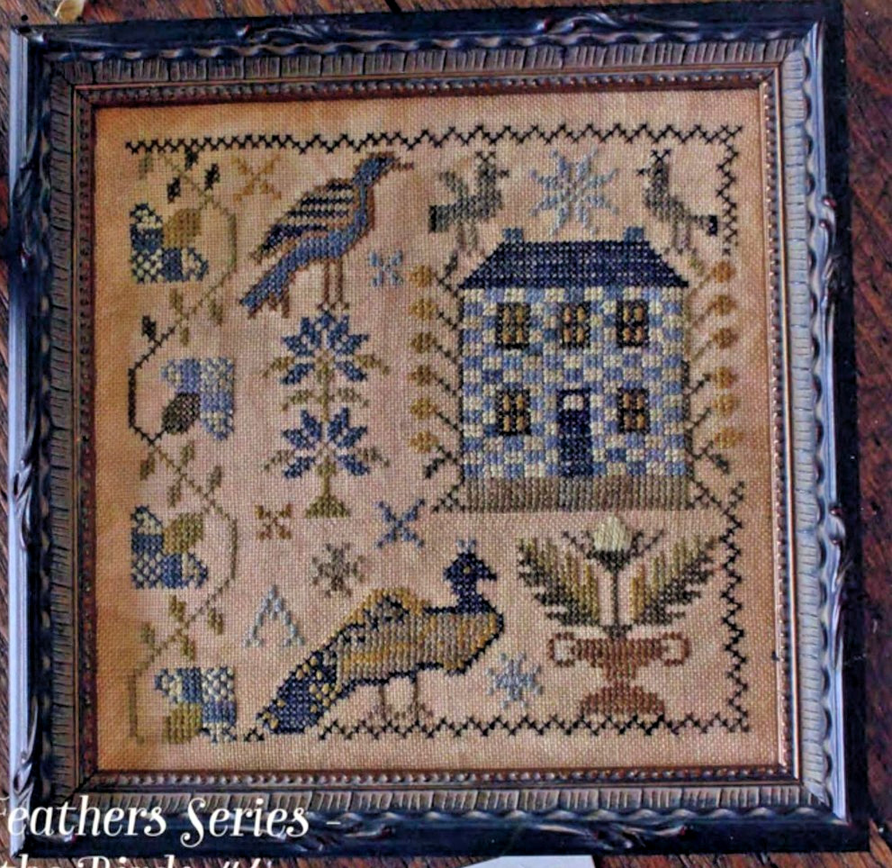 All the Hills Echoed Cross Stitch Pattern Bird House Blue Sampler Primitive