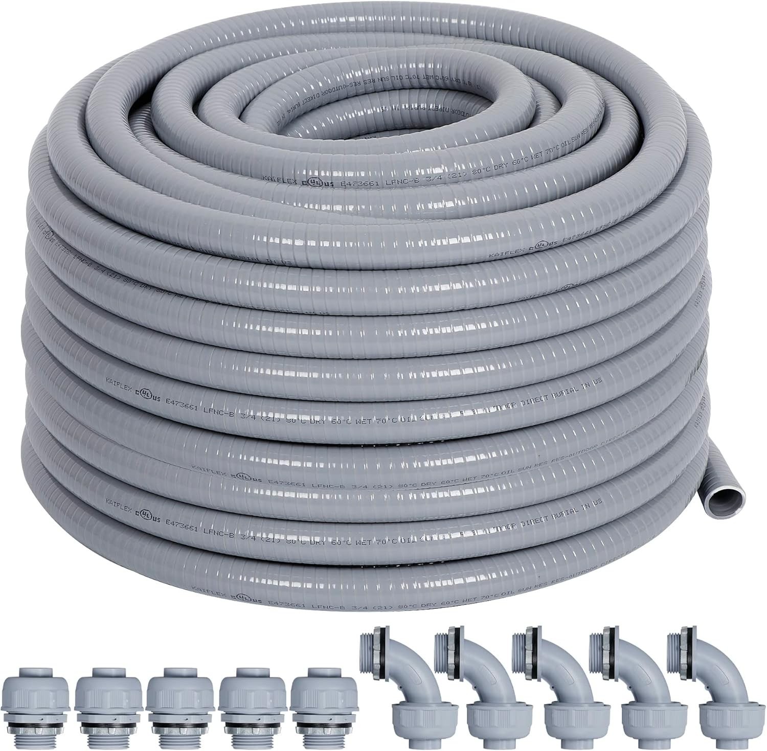 Liquid-Tight Electrical Conduit Kit 50ft w/UL, 10 Connectors, 1/2" Flexible