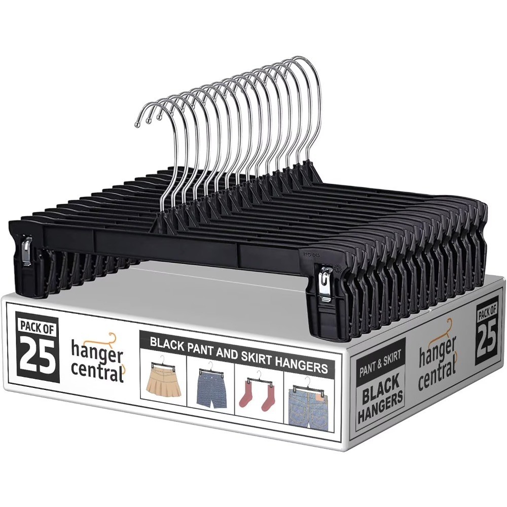 Black Plastic Pants Hangers with Extra Long 12 Inch Clips Multipack of 25