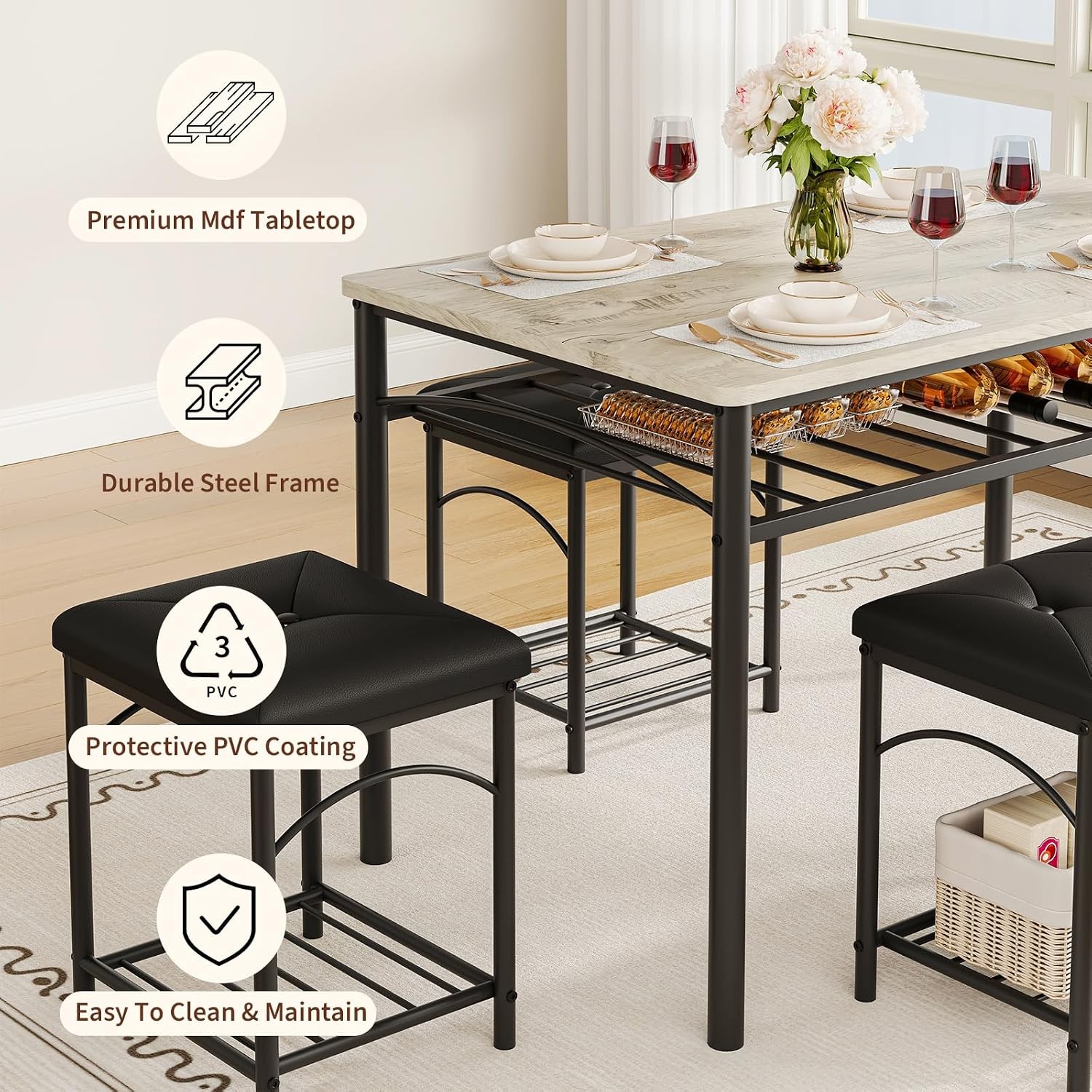 Dining Table Set 4 W/ Upholstered Benches & 2 Stools Modern Space Saving Kitchen