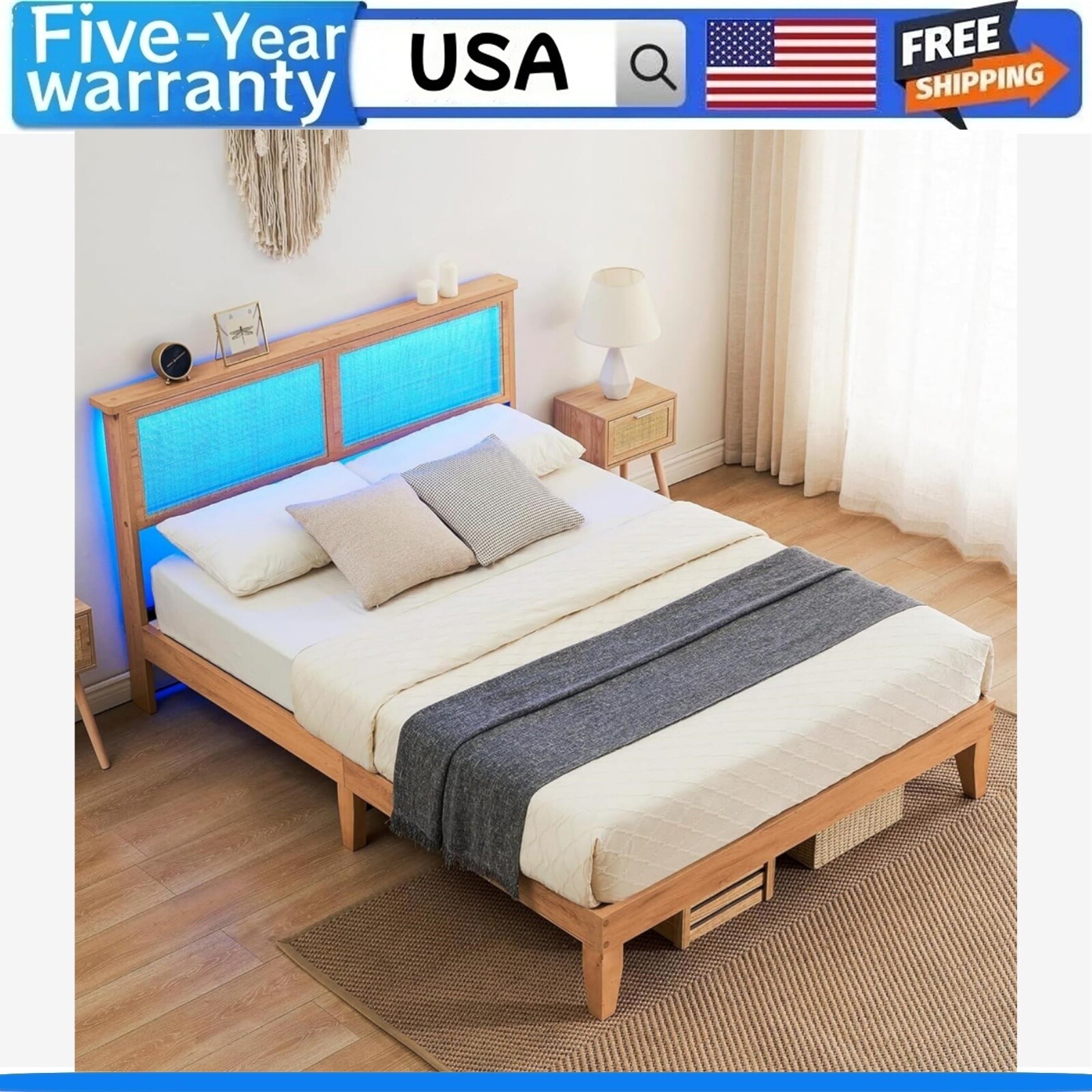 Full Size Bed Frame with Rattan Headboard and LED Lights Rattan Bed Frame Woode
