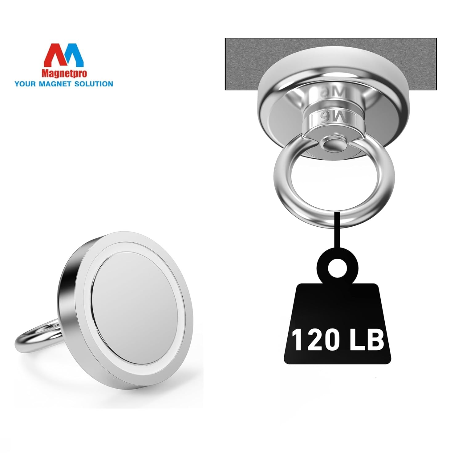 Magnetpro Strong Neodymium Magnets with Ring, 120 Lbs Pulling Force, Diameter 1.