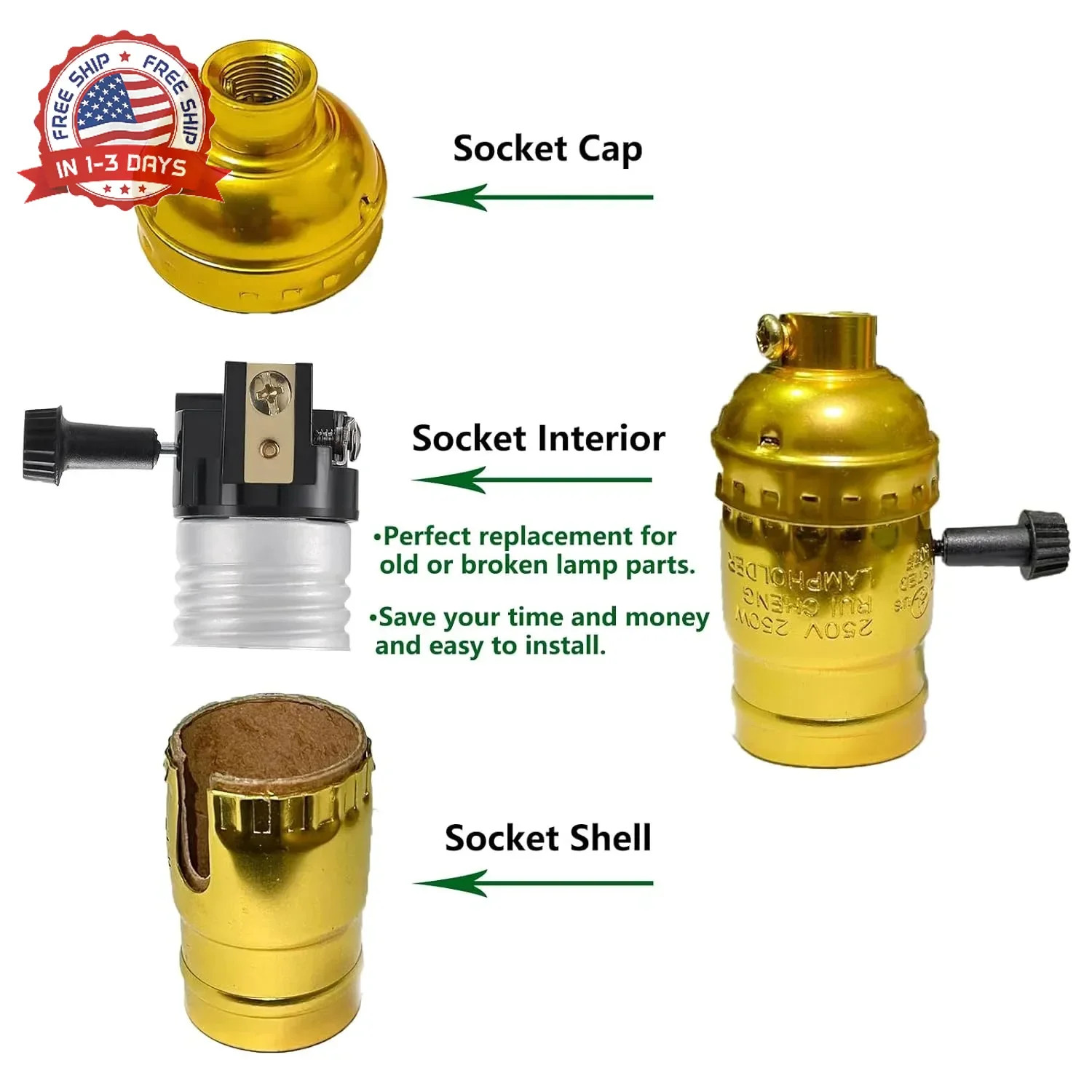 2 Pack Aluminum E26/E27 Light Socket Replacement with ON/Off Switch Rust-Resista