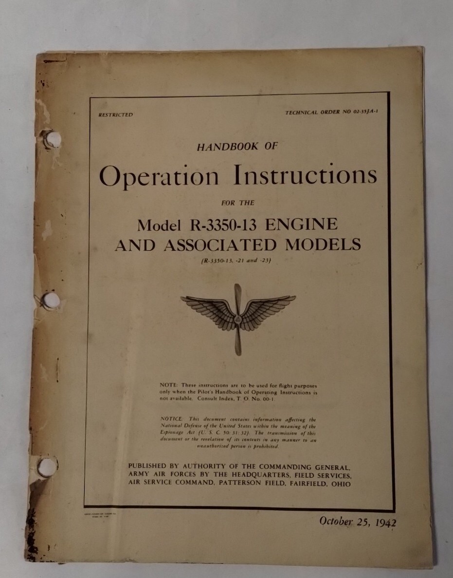 Wright Aircraft Engine & Associated Models R-3350-13, 21,23 Operation Instruct.