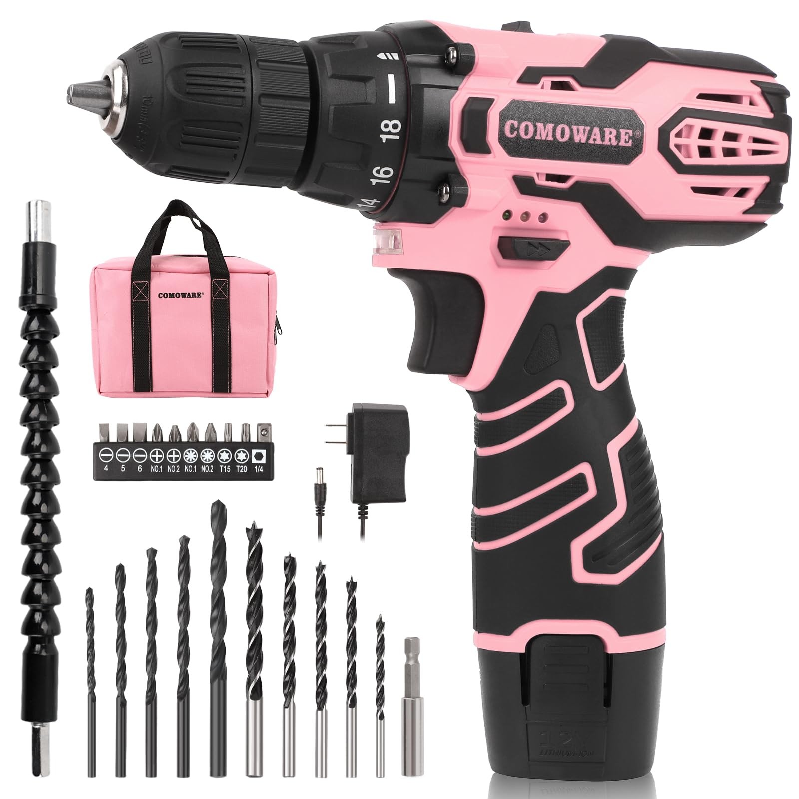 COMOWARE Pink Cordless Drill Set for Women, 12V Lightweight Electric Screwdriver