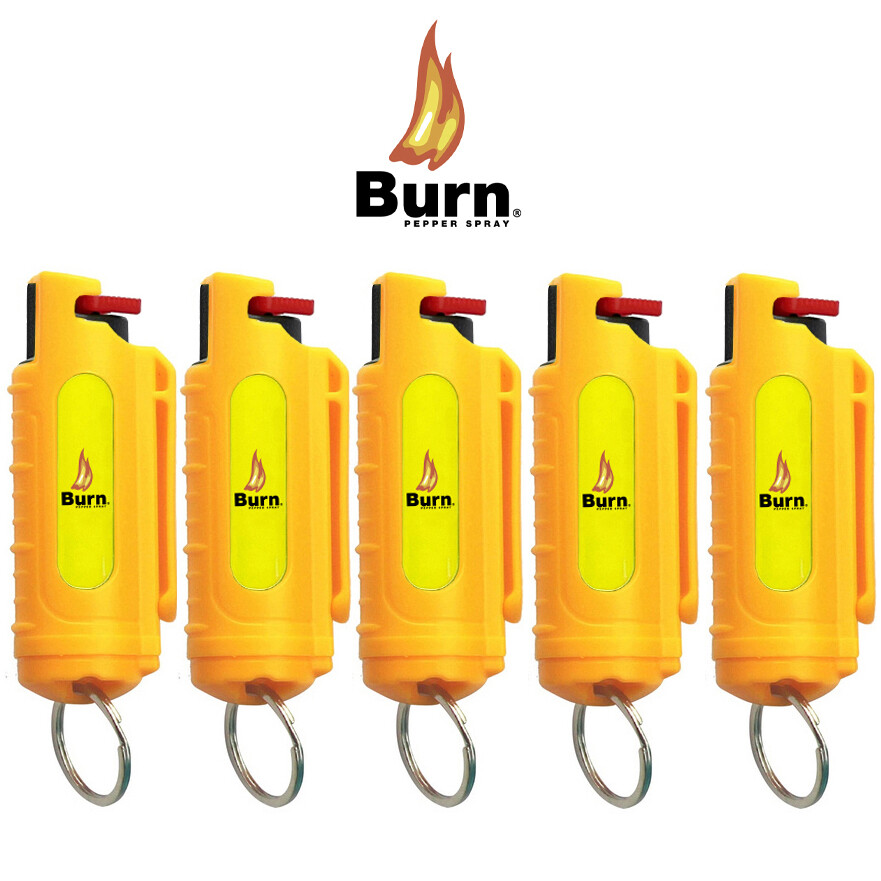 5 BURN Pepper Spray Keychain 1/2oz Self Defense Yellow Hard Shell Molded