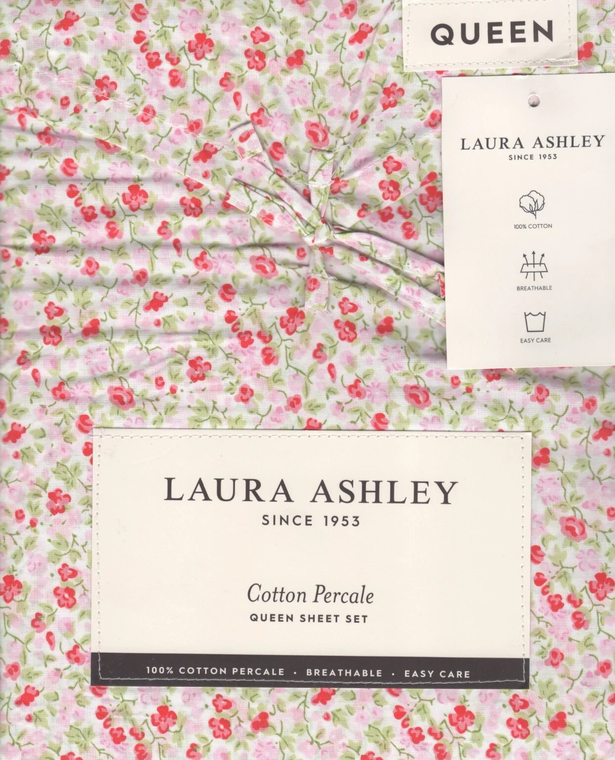 Laura Ashley emogene pink Cotton Percale QUEEN Sheet SET pink red gre flower NEW