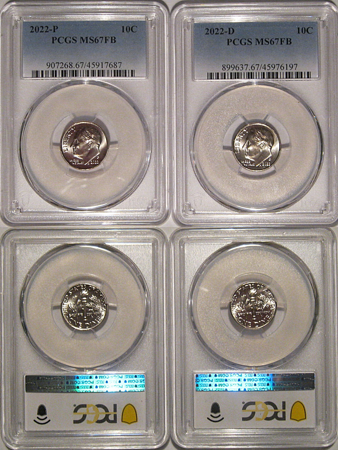 2022 P & D Roosevelt Dime 10c PCGS MS67FB Full Bands 2 Coin Set