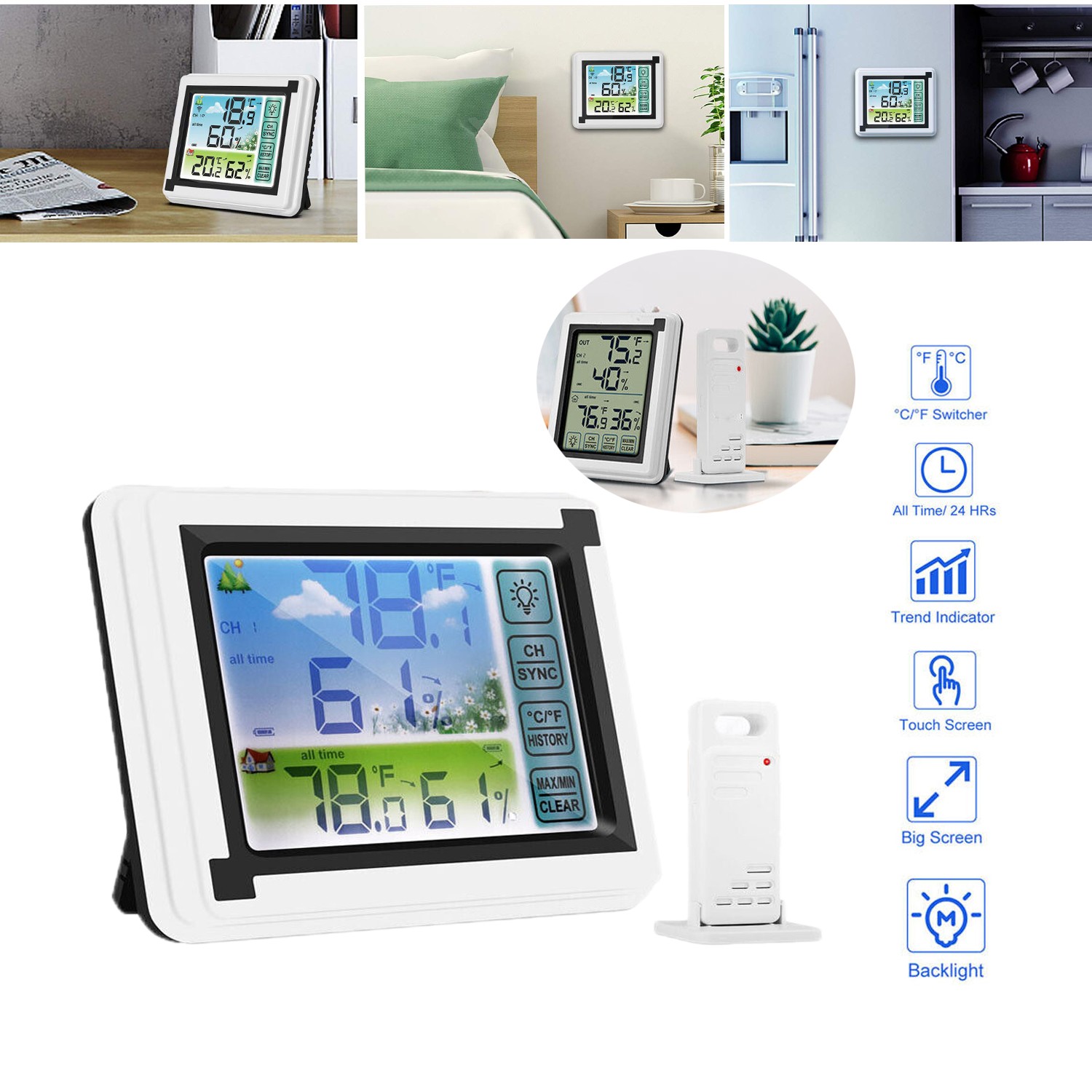 Wireless Indoor Outdoor Weather Station Clock Calendar Thermometer Temp Monitor