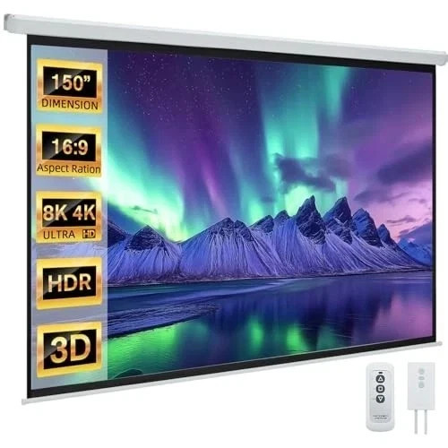 150" Projector Screen Motorized 16:9, 4K HD Pull Down 150 INCH 16:9