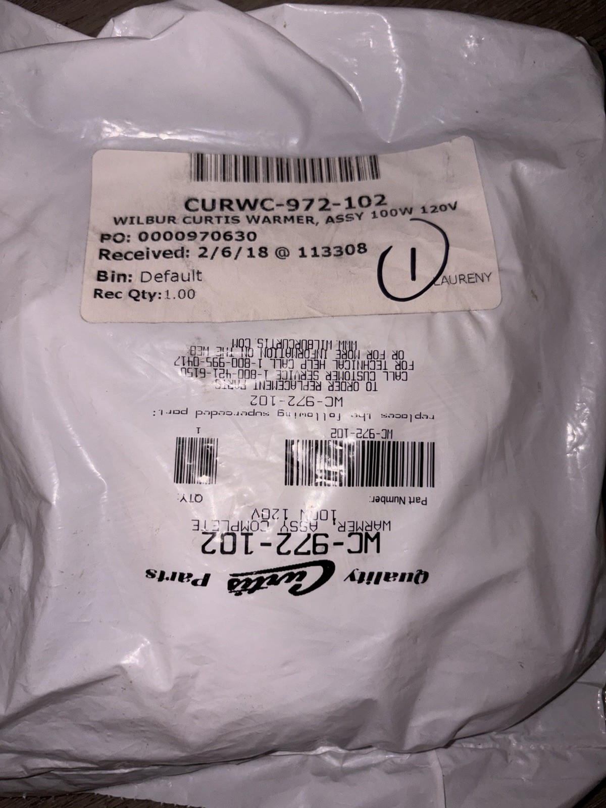 Wilbur Curtis Warmer,Assembly Complete 100W 120V WC-972-102