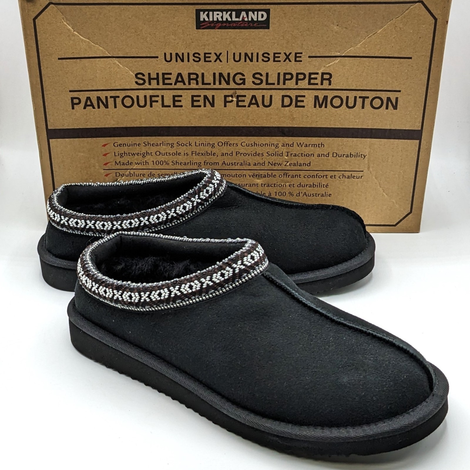 Kirkland “Unisex Shearling Slippers” Natural Comfort Black Genuine Sheepskin NEW
