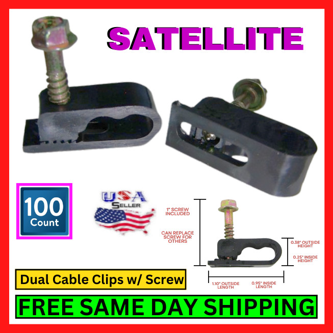 Satellite Dual Cable Clips Grip Clip Black 100 Count Flexible w/ 1" Screws Pack