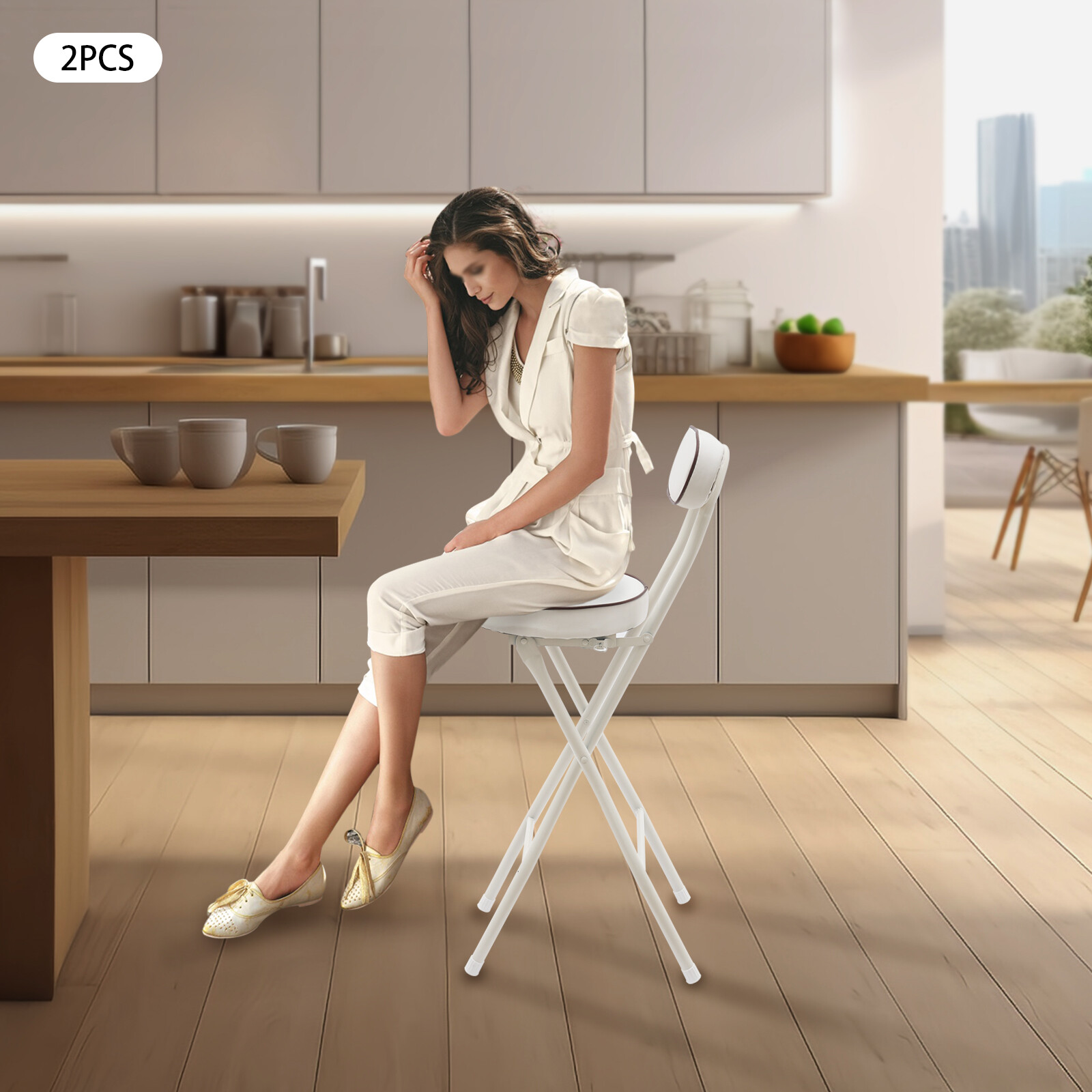 2PCS Bar Stool Portable Folding Stool Padded Folding High Chairs White