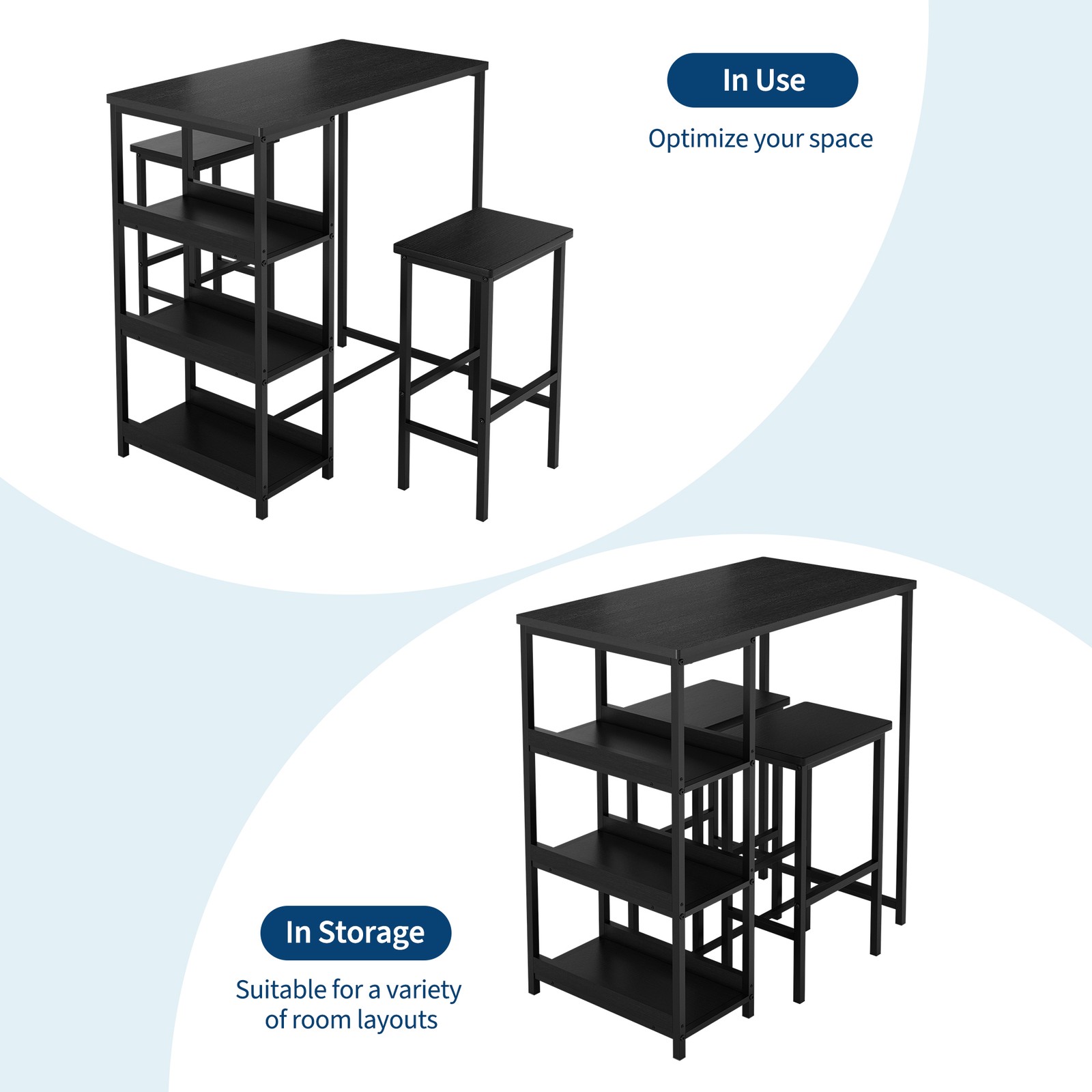 36" Dining Table Set for 2, Kitchen Table and 2 Bar Stools with Storage Shelves