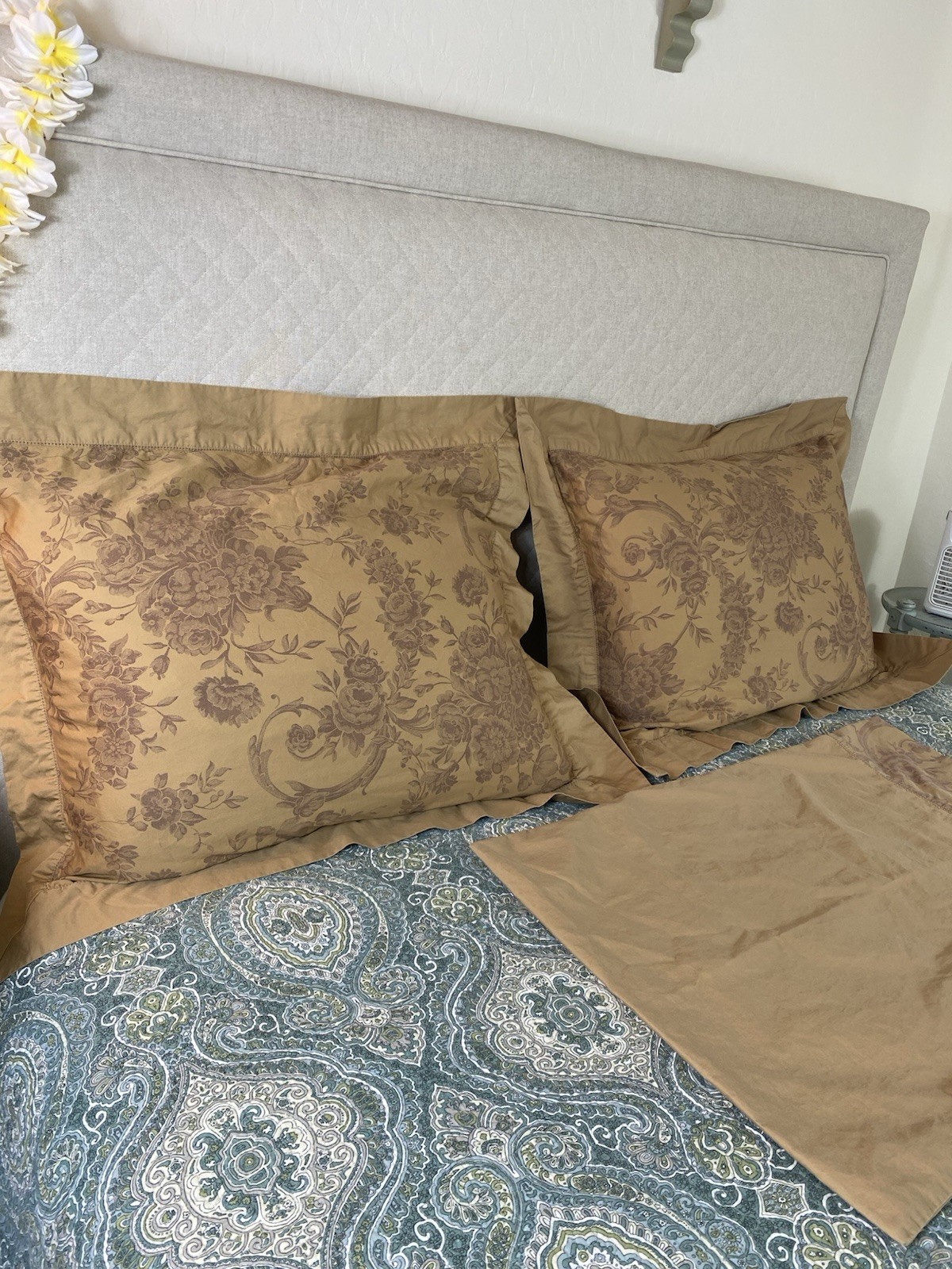 French Country Pillow Shams Floral Roses Tan Brown 3 Pc Set Cotton Cottage