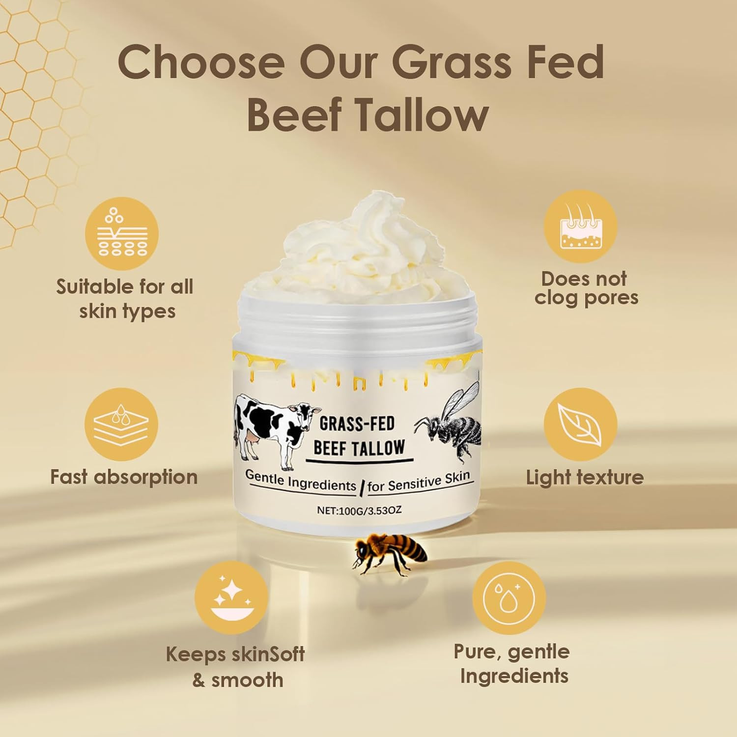 2 Pack Whipped Beef Tallow for Skin Organic Grass Fed Honey Moisturizer